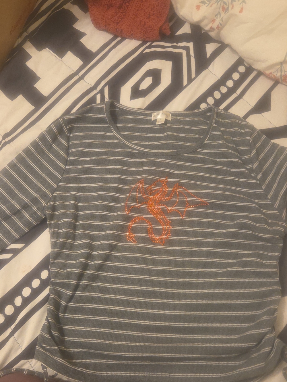 Striped Gray Crop Top with Orange Dragon Accent